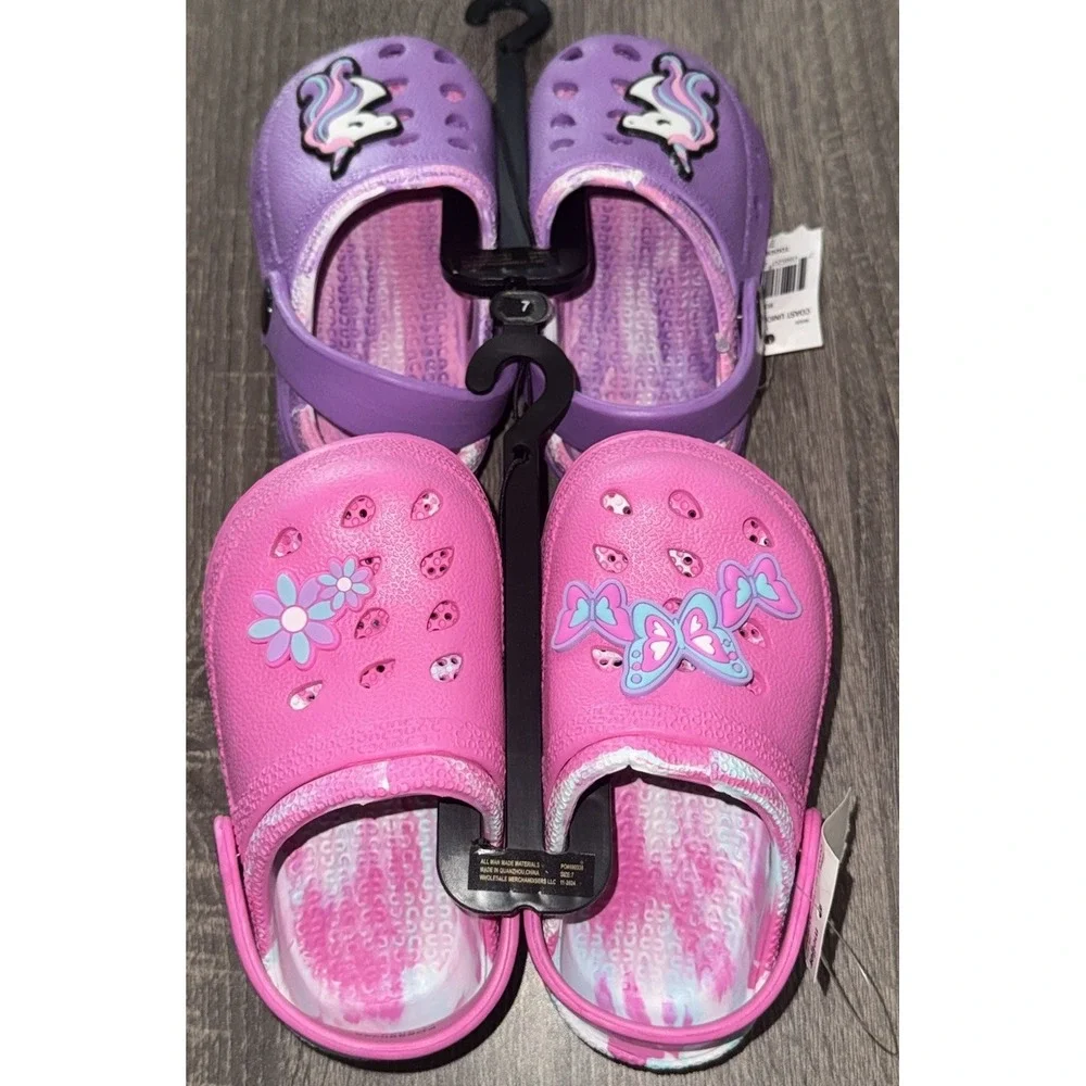 Butterfly & Unicorn Toddler Sz 7 Clogs New Lot of 2 Purple And Pink Adorable Set